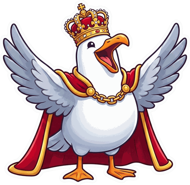 The King of the Harbour — an extremely confident cartoon seagull wearing a crown
